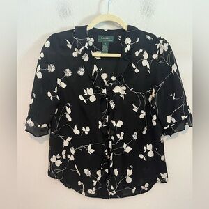 Lauren Ralph Lauren 100% Silk Floral Button Down Semi Sheer Blouse Size 4